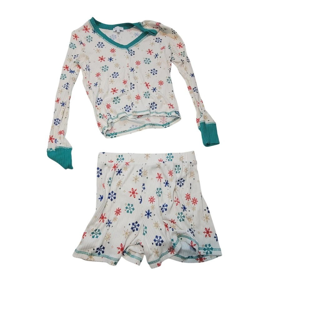 Indigo Bloom Snowflake Pajama Set Long Sleeve Top Shorts White Green Small
